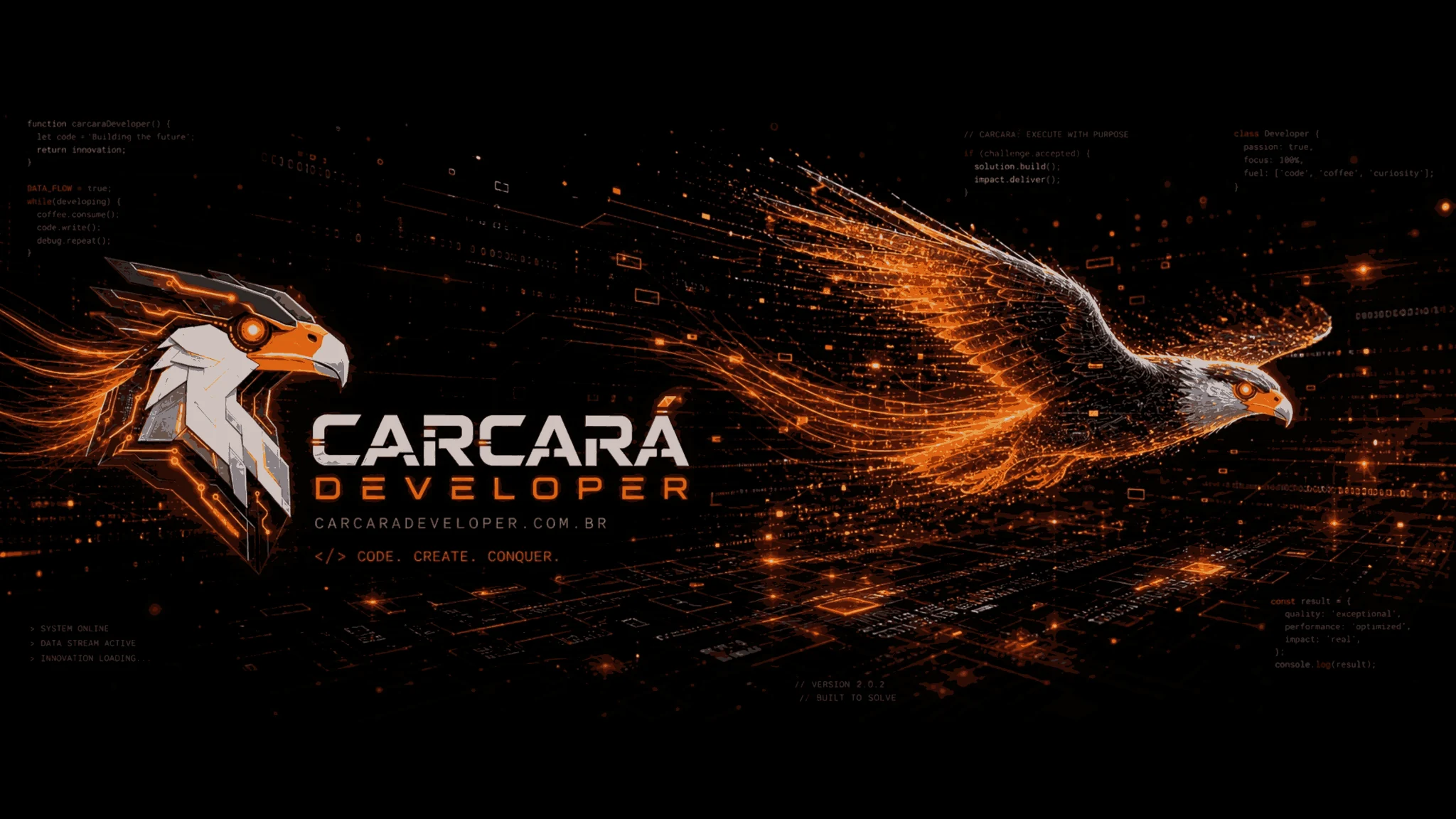 Identidade visual Carcará Developer com águia tecnológica e rastros em laranja